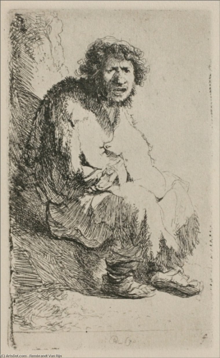 A Beggar Sitting On A Hollock, With His Mouth Open — Rembrandt Van Rijn