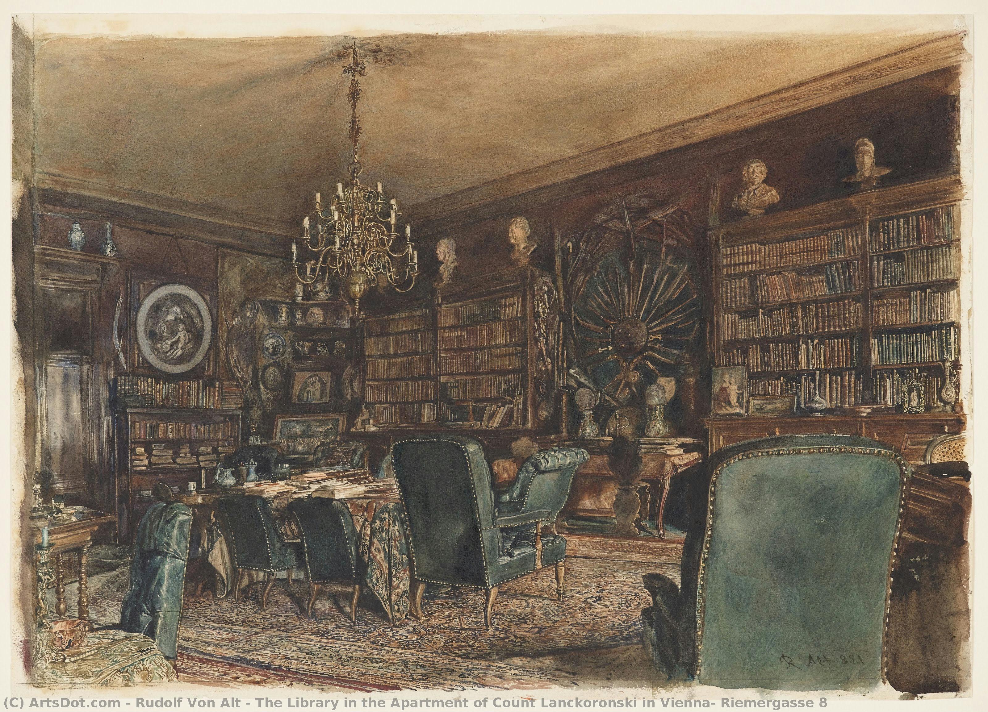 The Library In The Apartment Of Count Lanckoronski In Vienna, Riemergasse 8 — Rudolf Von Alt