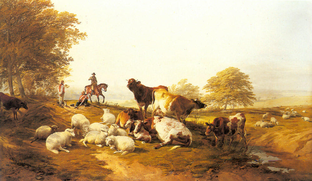 Cattle And Sheep Resting In An Extensive Landscape — Thomas Sidney Cooper
