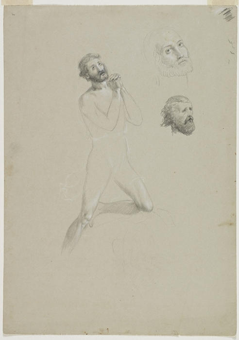 Nude Male Figure Praying, Two Heads — Thomas Cole