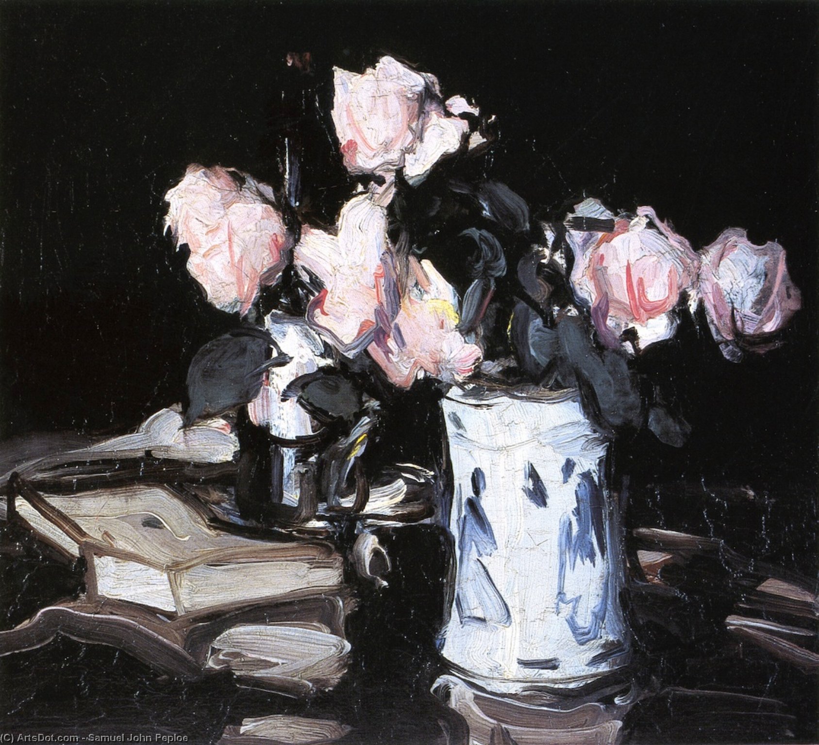 Roses In A Blue And White Vase, Black Background — Samuel John Peploe