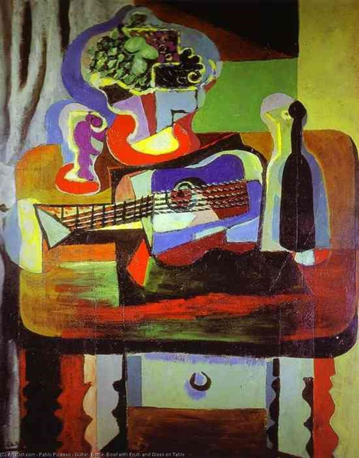 Guitar, Bottle, Bowl With Fruit, And Glass On Table — Pablo Picasso