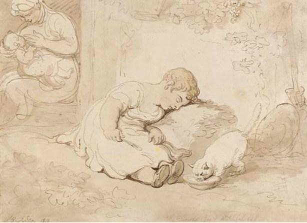 The Drowsy Boy And Watchful Cat — Thomas Rowlandson