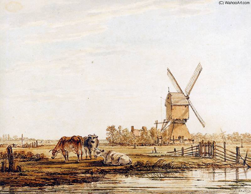 Landscape With Mill And Cattle Sun — Abraham Van Strij
