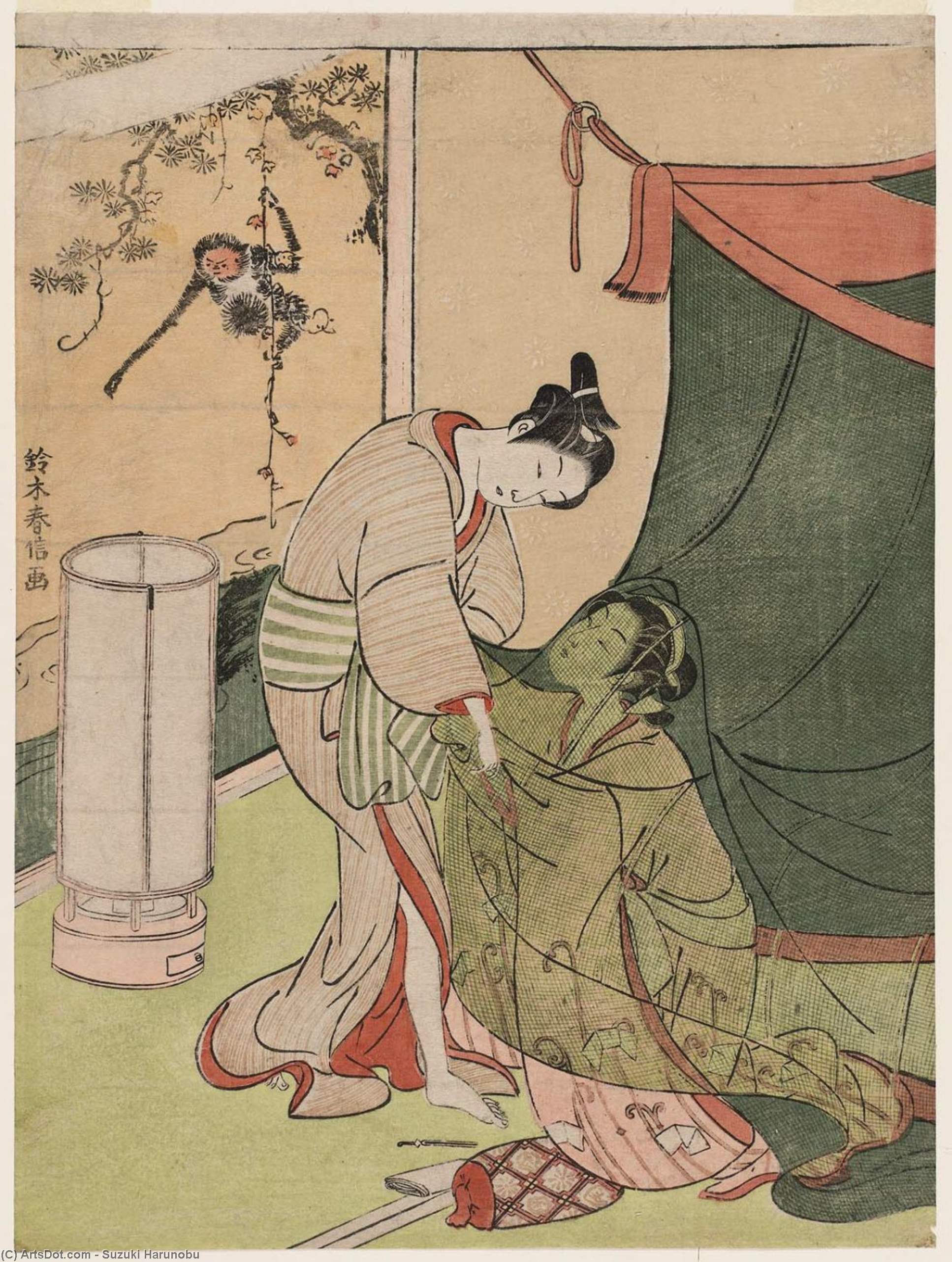 Lovers' Parting Embrace Through A Mosquito Net — Suzuki Harunobu