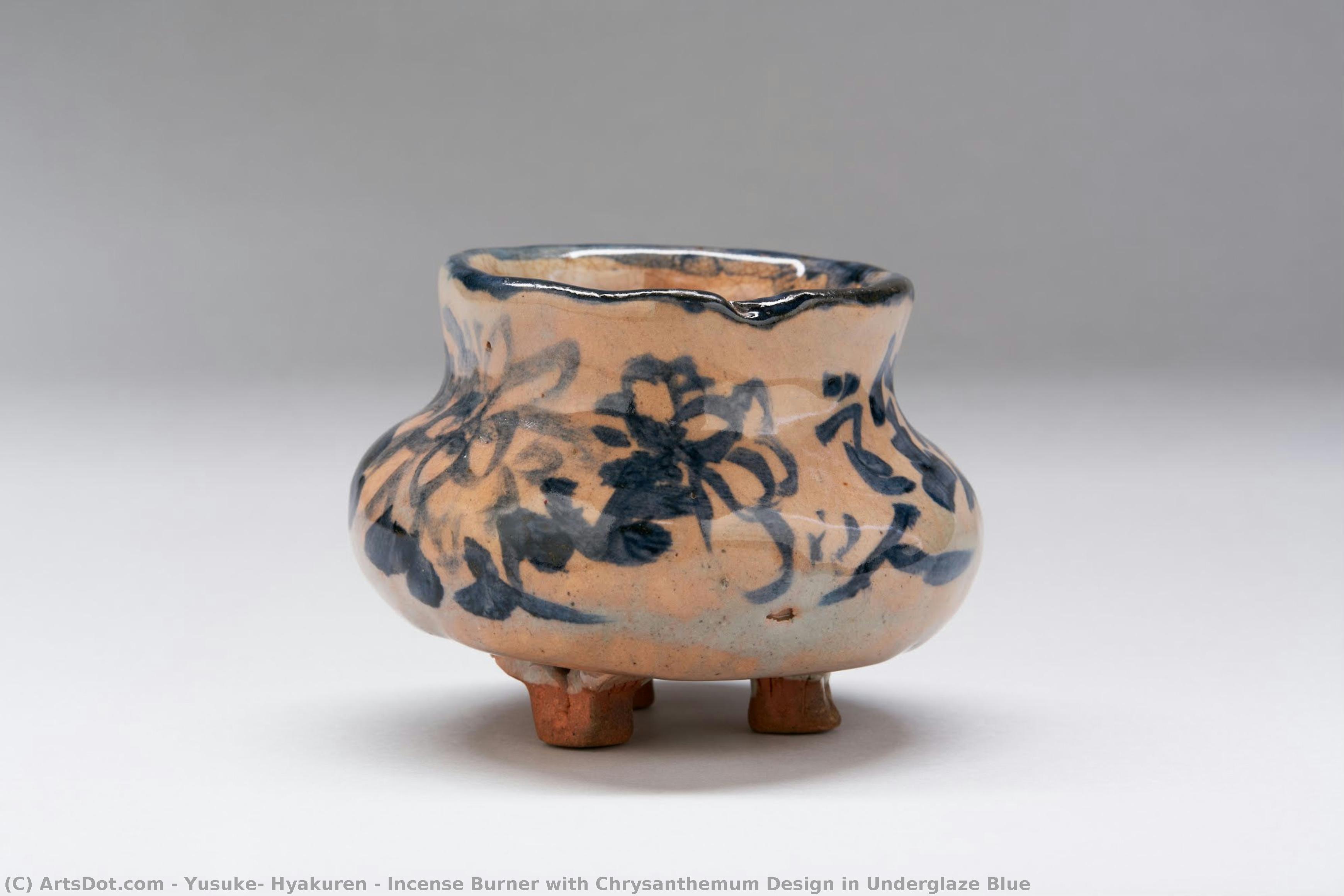 Incense Burner With Chrysanthemum Design In Underglaze Blue — Yusuke, Hyakuren