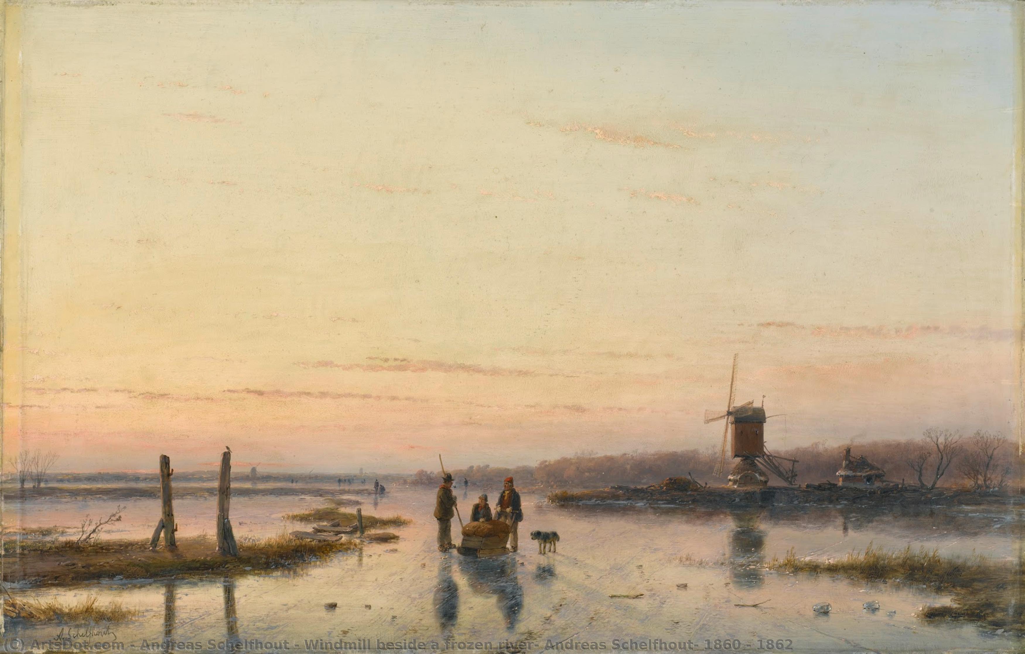 Windmill Beside A Frozen River, Andreas Schelfhout, 1860 - 1862 — Andreas Schelfhout
