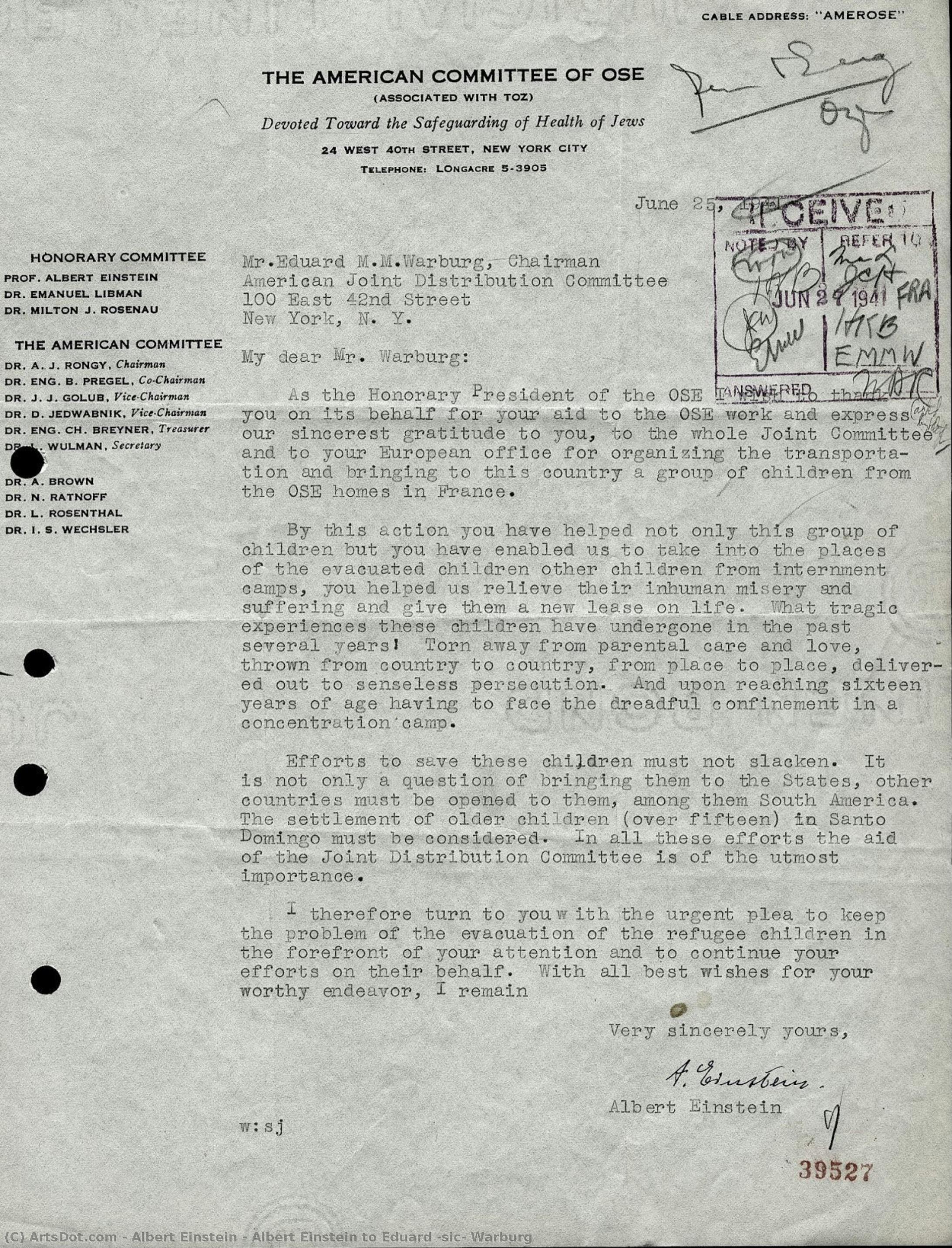 Albert Einstein To Eduard (sic) Warburg — Albert Einstein