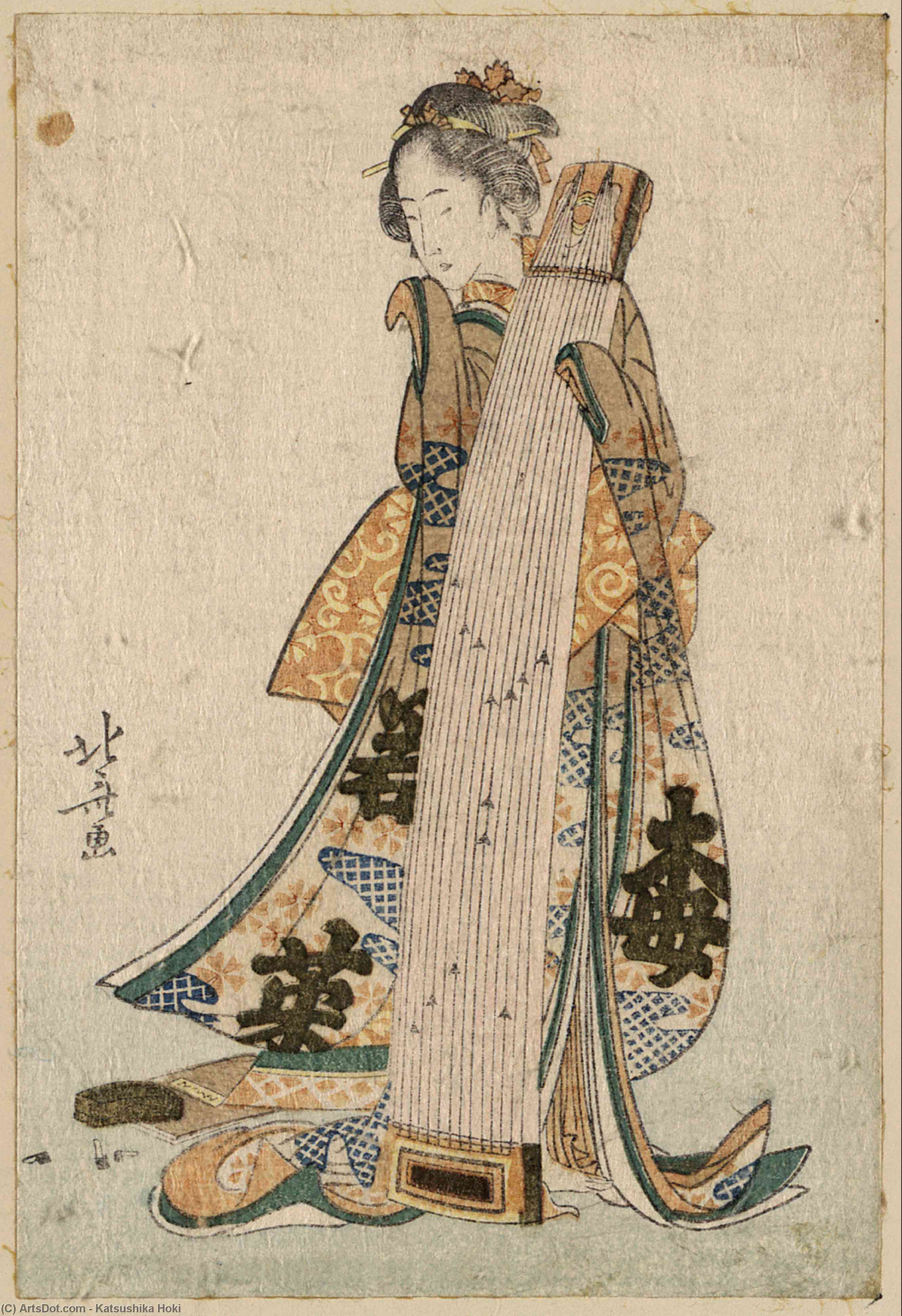 Young Maiden Holding A Zither — Katsushika Hokusai