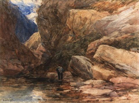 A Hunter In A Rocky River Landscape — David Cox