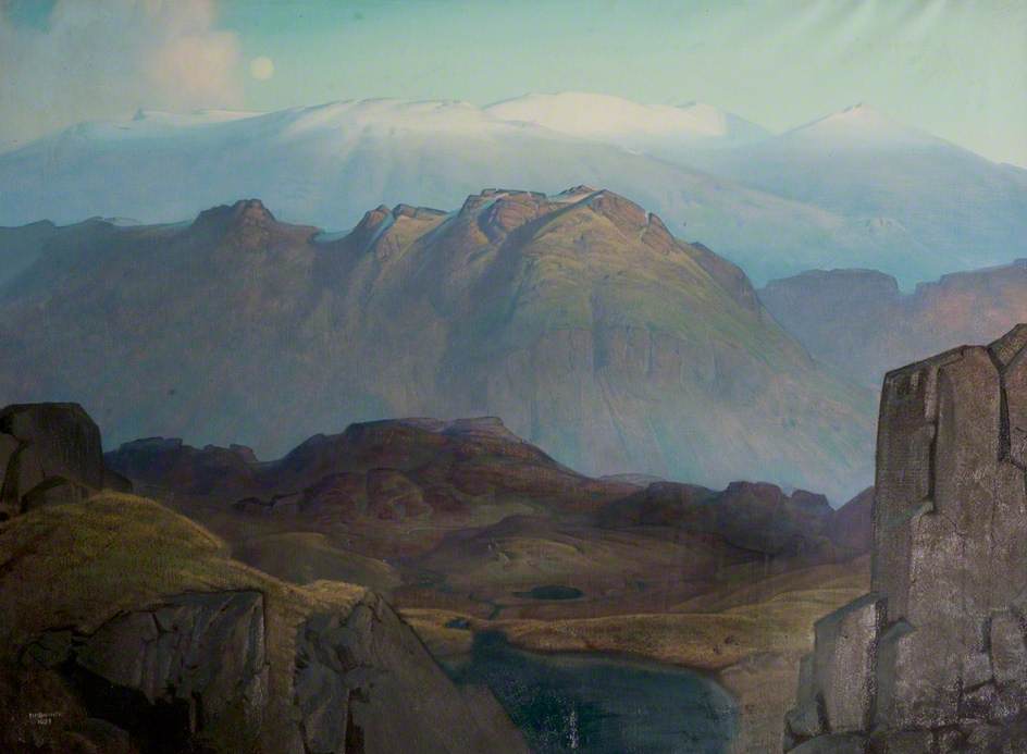 Coniston Fells From Upper Eskdale, Cumberland (grey Friar, Old Man, Dow Crag, Hardknott And Upper Eskdale From Black Apron, November) — Delmar Harmood Banner