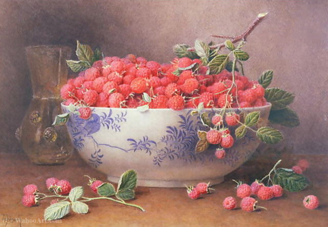 Still Life Of Raspberries In A Blue And White Bowl — William Hough