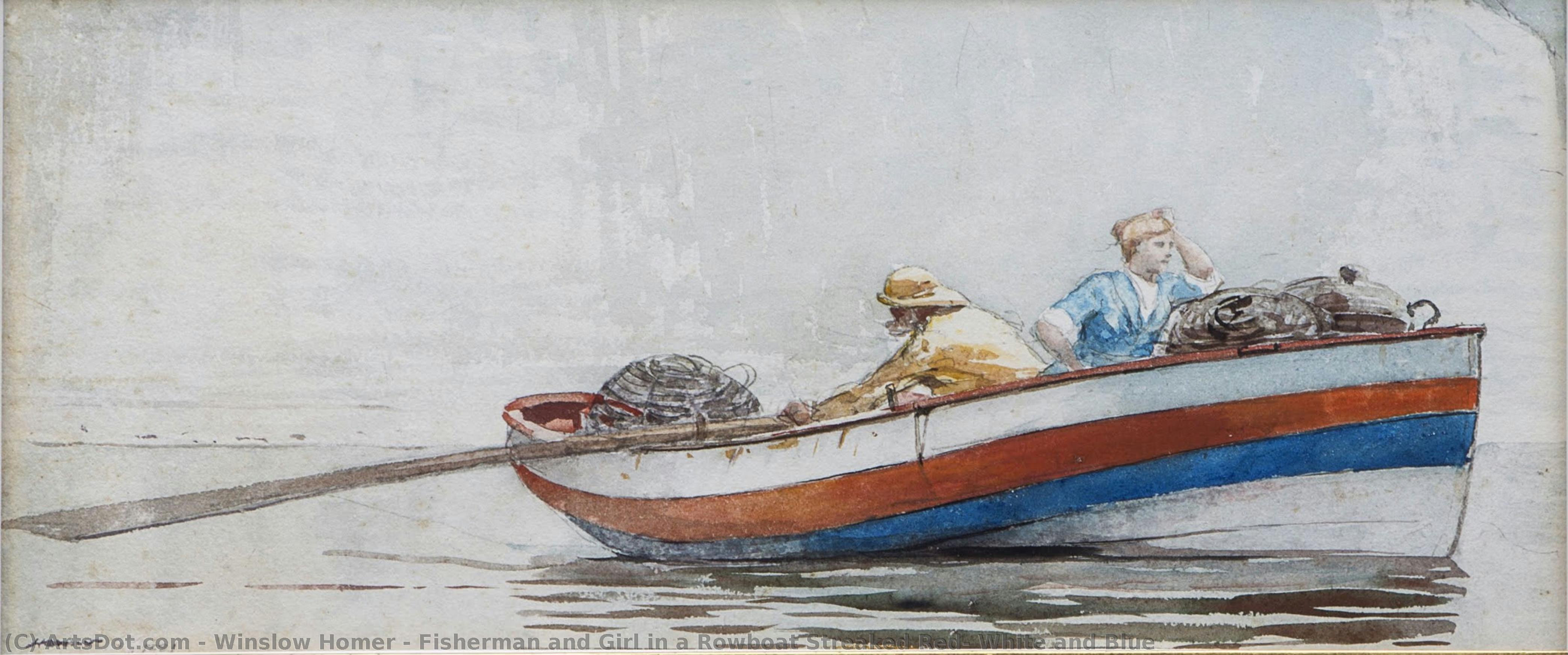 Fishermann Und Mädchen Auf Einem Ruderboot Streifenrot Weiß Und Blau — Winslow Homer