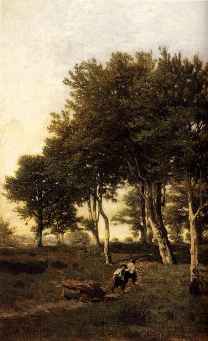 Landscape With Two Boys Carrying Firewood — Henri-joseph Harpignies