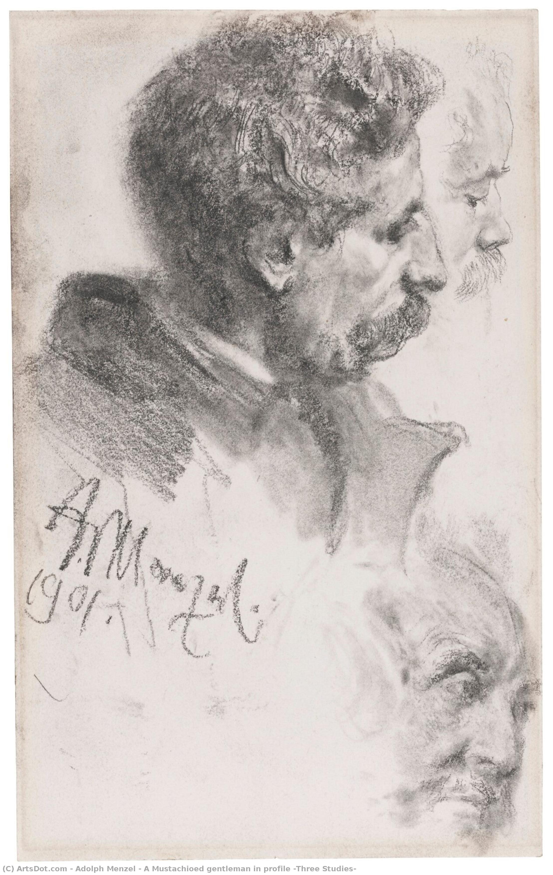 A Mustachioed Gentleman In Profile (three Studies) — Adolph Von Menzel