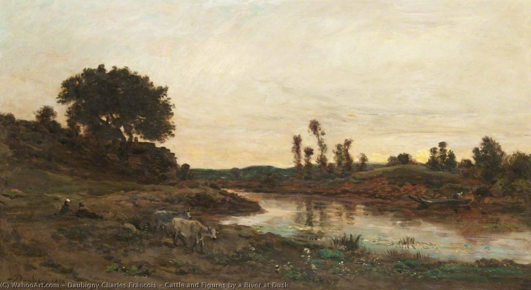 Cattle And Figures By A River At Dusk — Charles-françois Daubigny