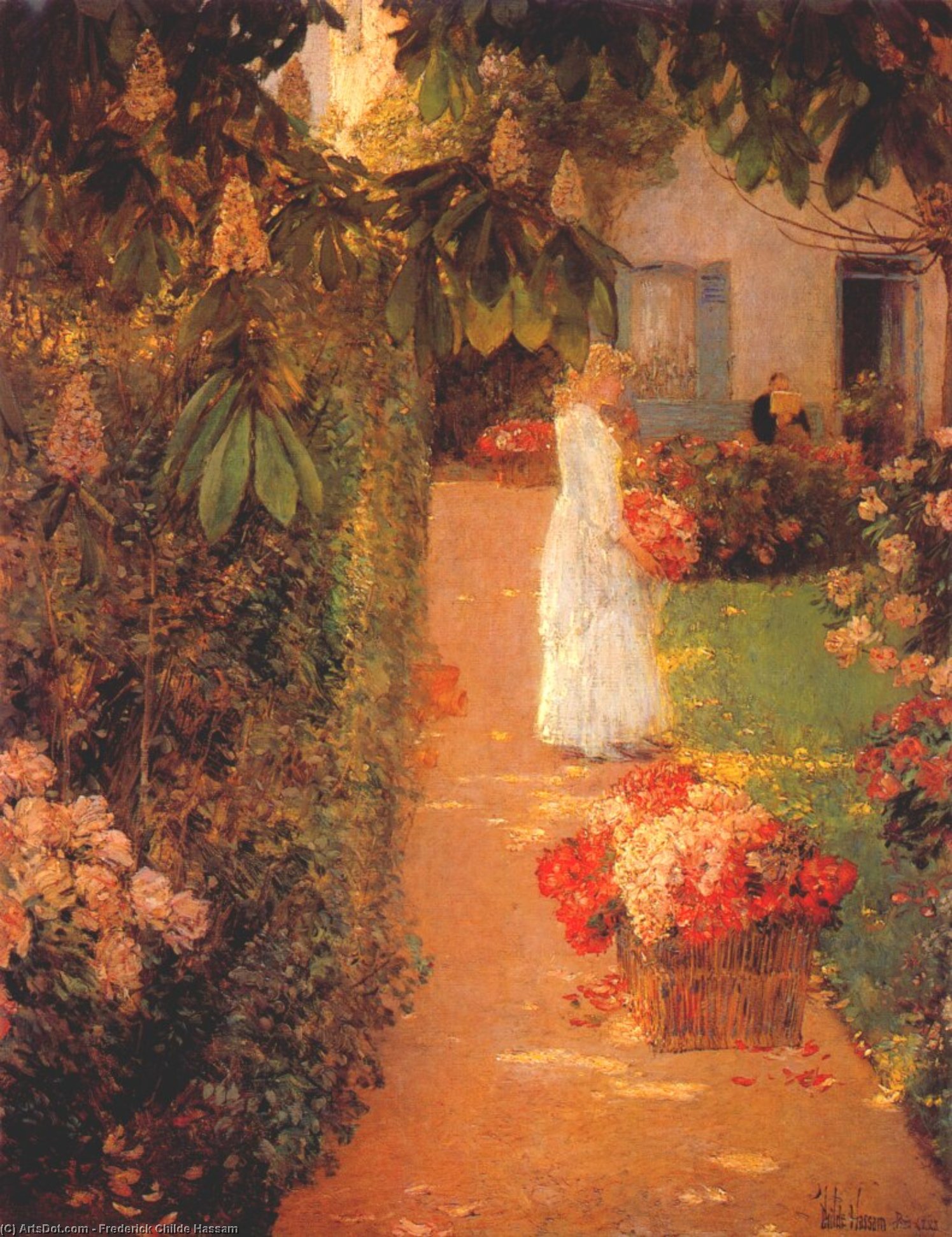Gathering Flowers In A French Garden — Frederick Childe Hassam