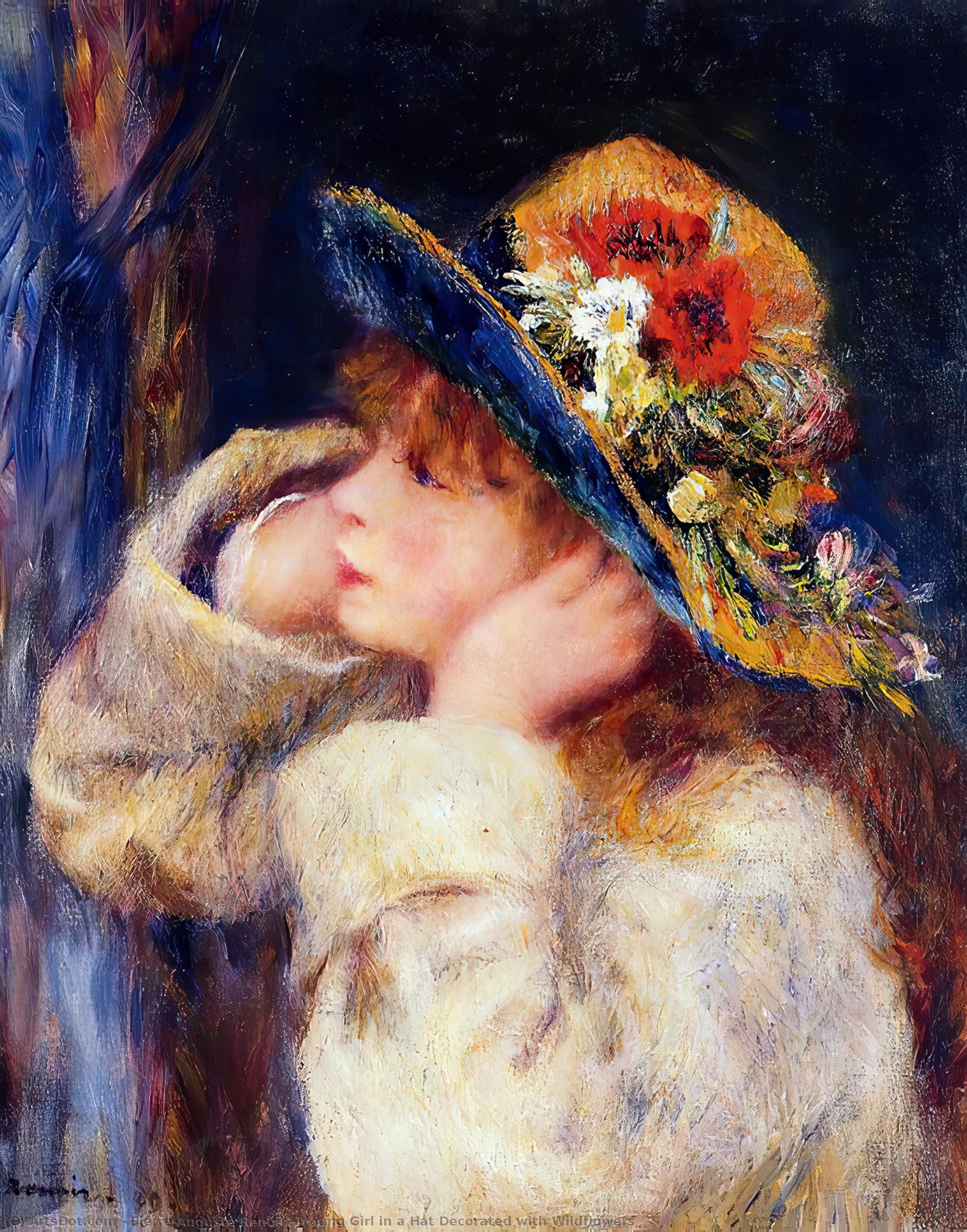 Young Girl In A Hat Decorated With Wildflowers — Pierre-auguste Renoir