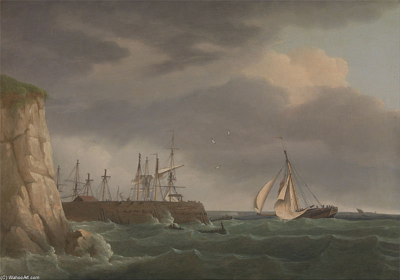 A Ship Running Into Harbour With Other Craft At A Jetty — Thomas Whitcombe