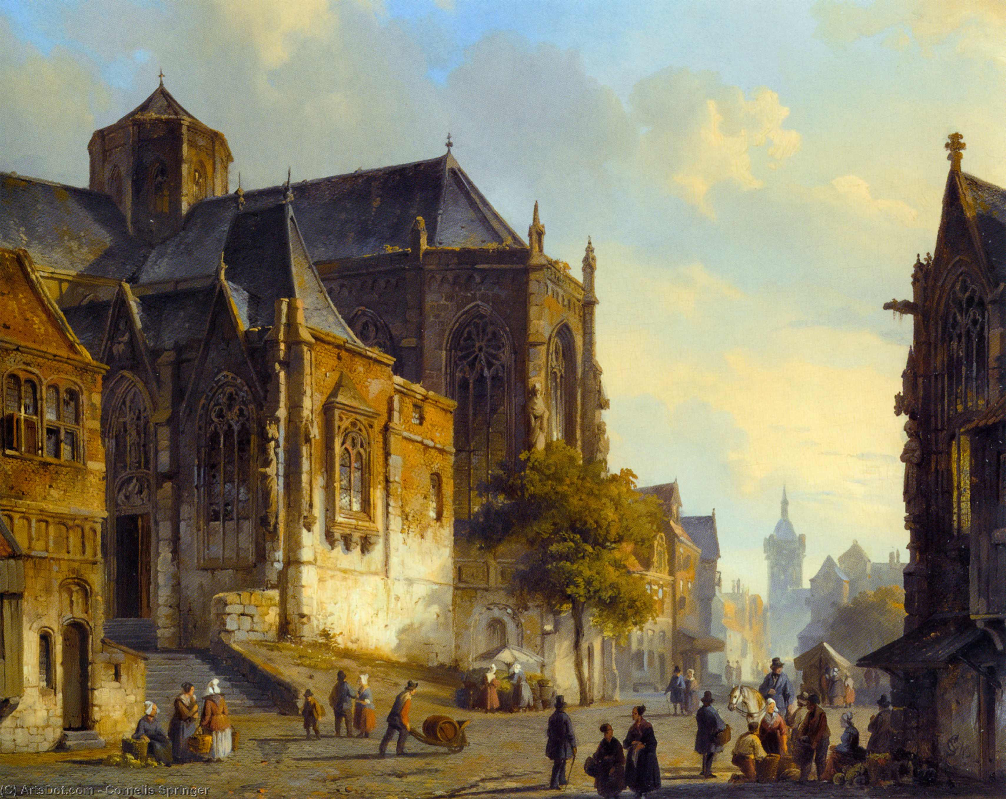 Figures On A Market Square In A Dutch Town — Cornelis Springer