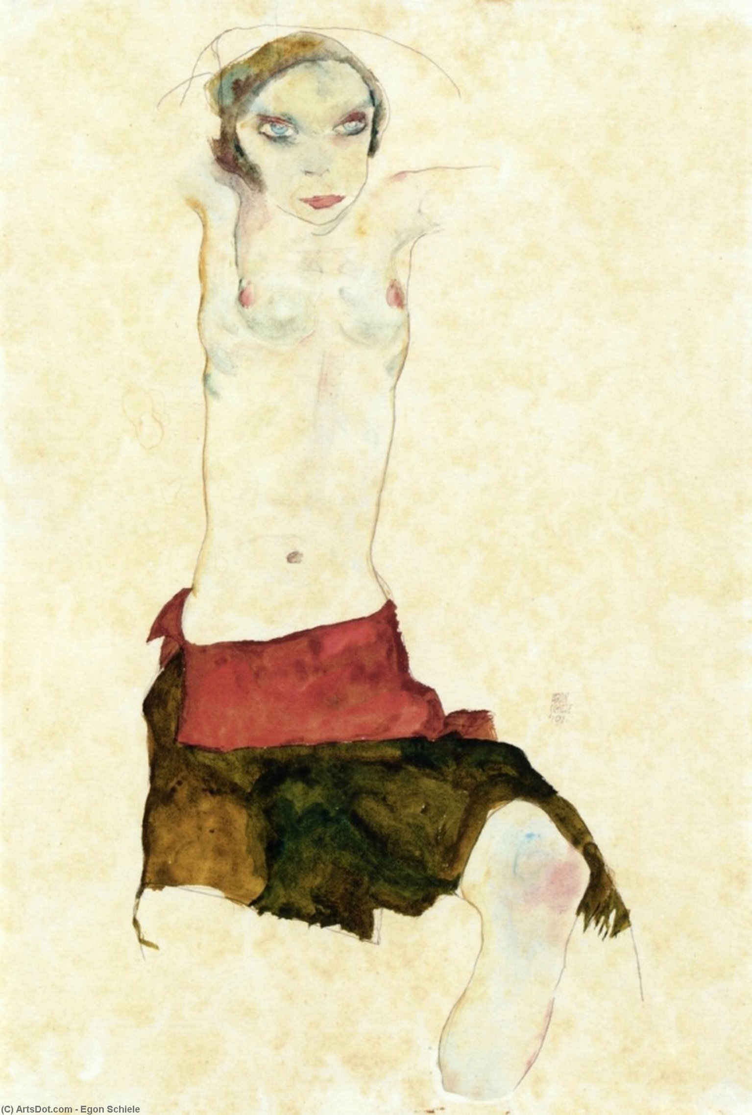 Semi Nude With Colored Skirt And Raised Arms — Egon Schiele