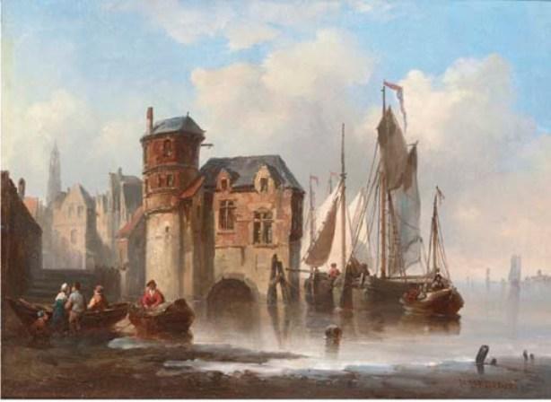 Barges Moored Off A Merchant's House In The Low Countries — Johannes Hermann Barend Koekkoek