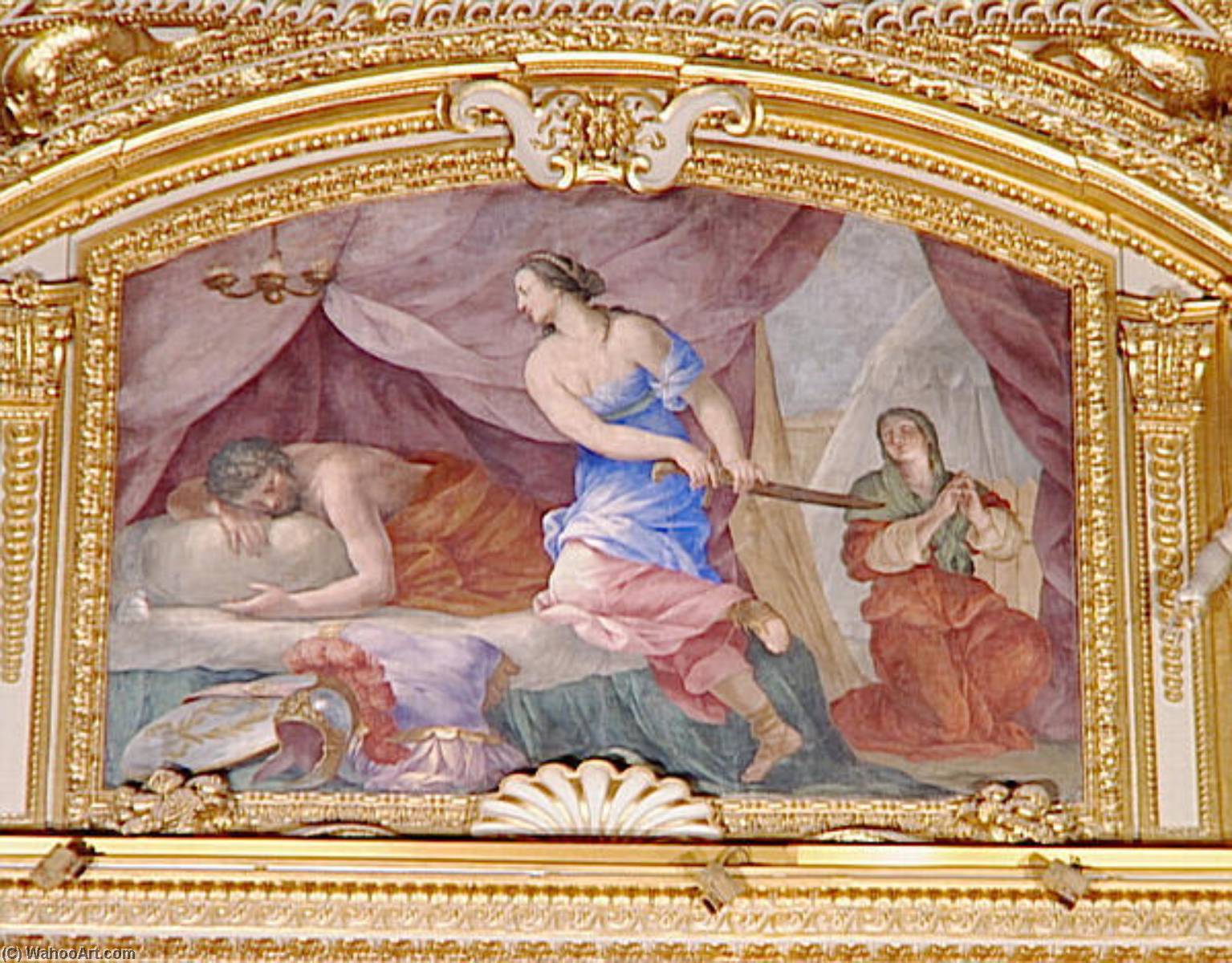 La Religion Et Les Vertus Theologales Esther Et Assuerus La Prudence, Deux Amours Tenant L'un Un Compas, L'autre Un Sablier La Continence Deux Amours Dont L'un Verse De L'eau Dans Un Recipient Judith Et Holopherne La Temperance Et La Paix Deux Amours.... — Giovanni Francesco Romanelli
