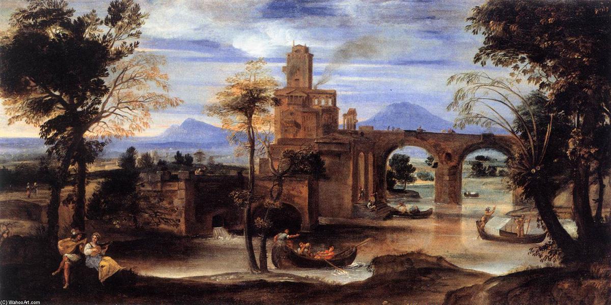 Roman River Landscape With Castle And Bridge — Annibale Carracci