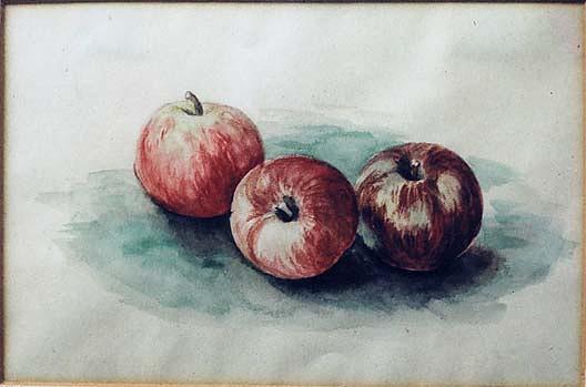 (three Red Apples Against Green Background), (painting) — Lora Normington Lapham