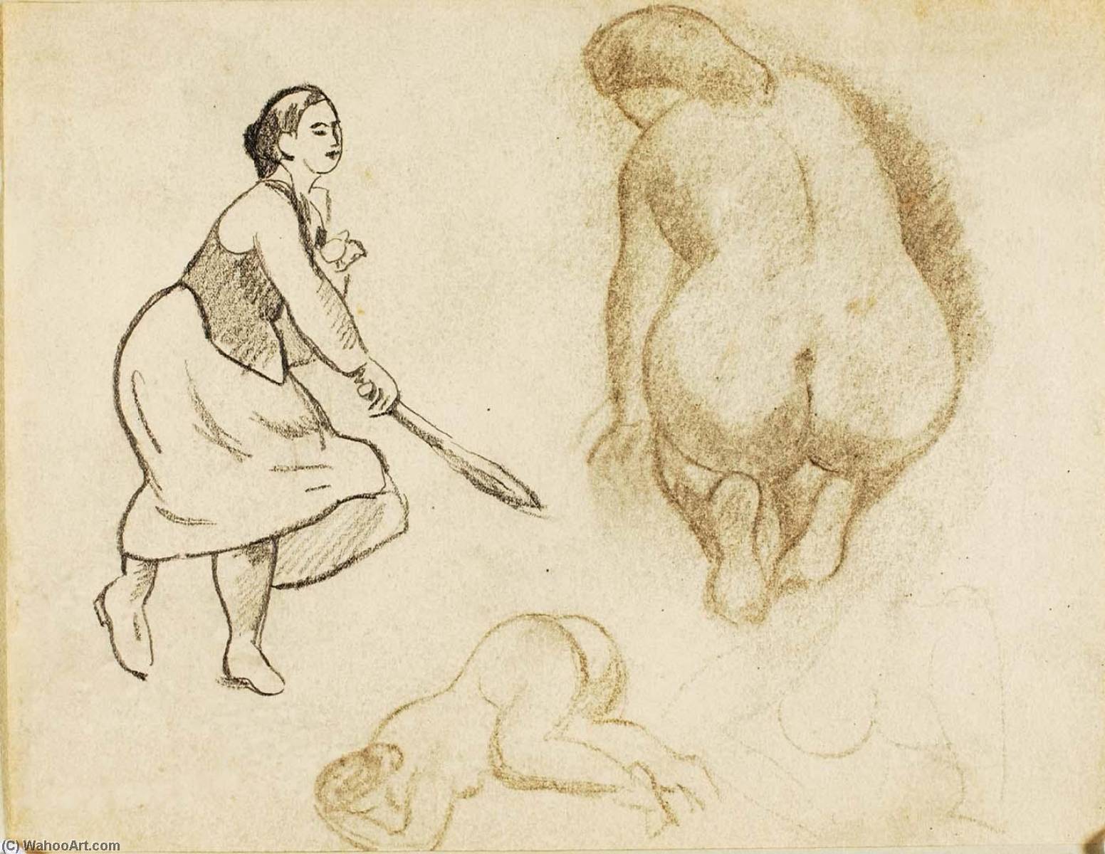 Woman With Tennis Racket And Two Figure Studies — Carl Newman