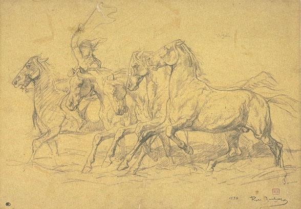 Five Horses At The Trot, Led By A Man — Rosa Bonheur