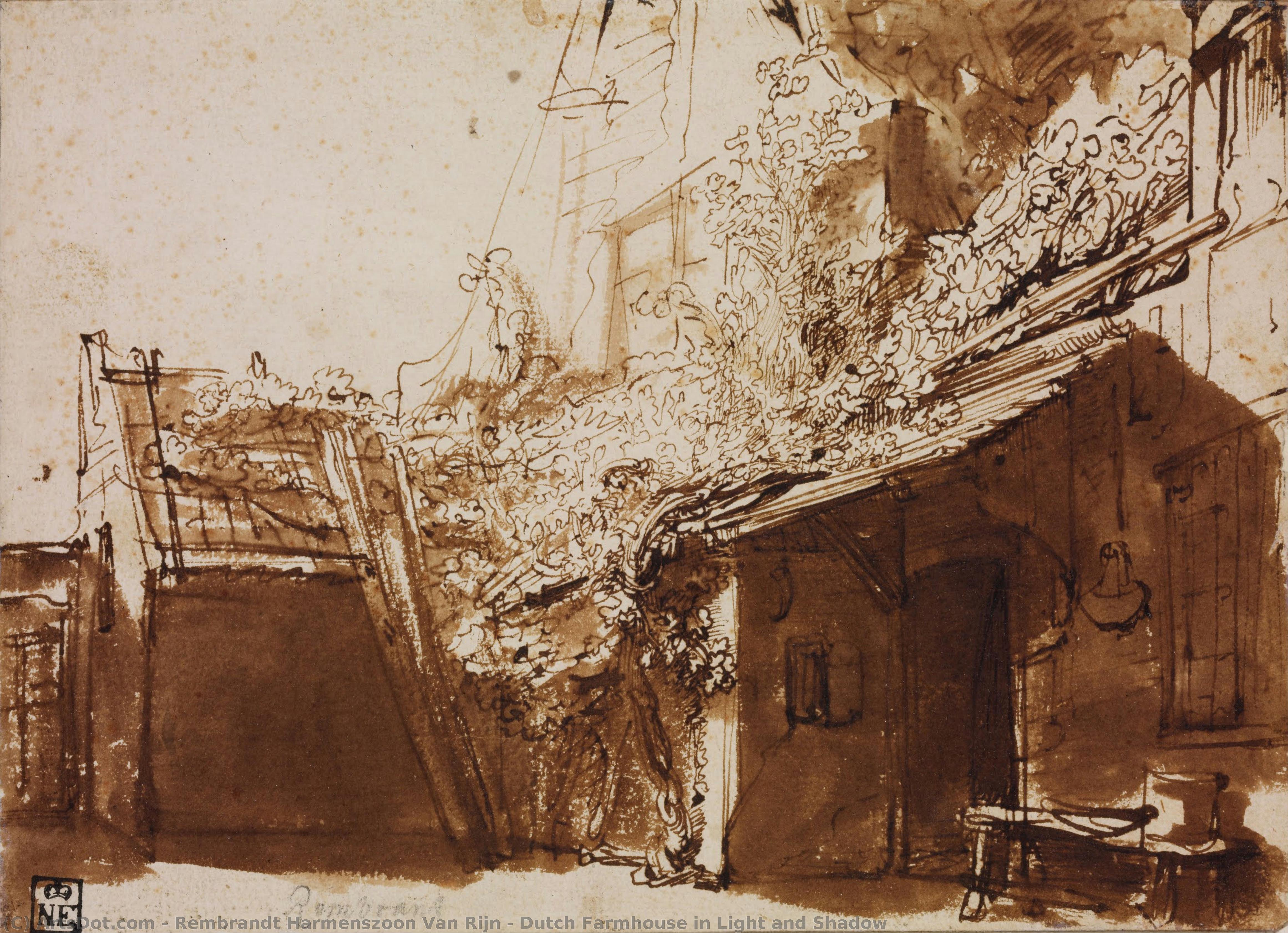 Dutch Farmhouse In Light And Shadow — Rembrandt Van Rijn
