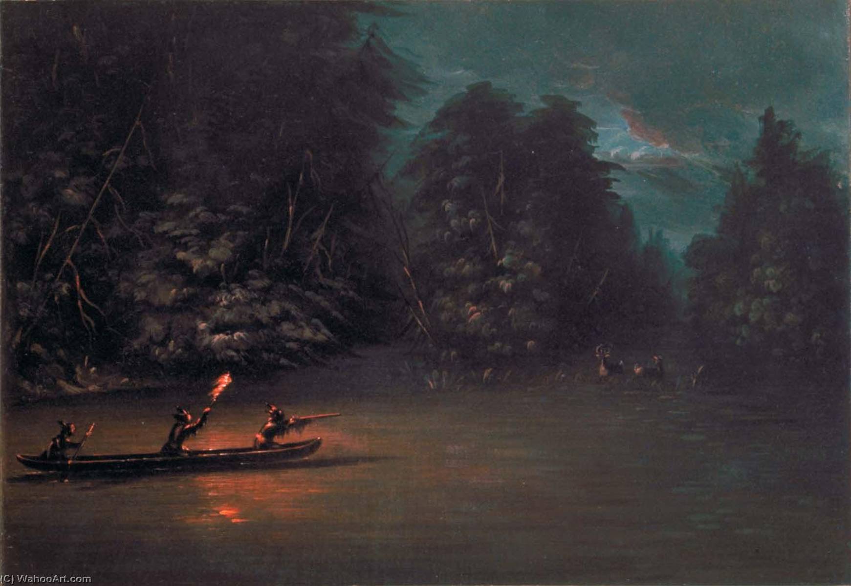 Deer Hunting By Torchlight In Bark Canoes — George Catlin