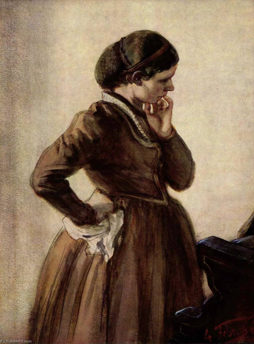 German Emilie Menzel Am Klavier Stehend — Adolph Von Menzel