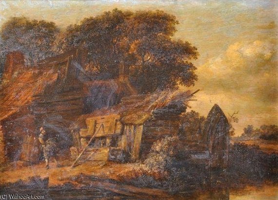 A Wooded River Landscape With A Figure Outside A Cottage — Cornelius Decker