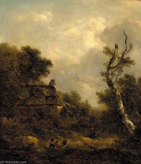 Figures Before A Cottage In A Wooded Landscape — Richard Hilder