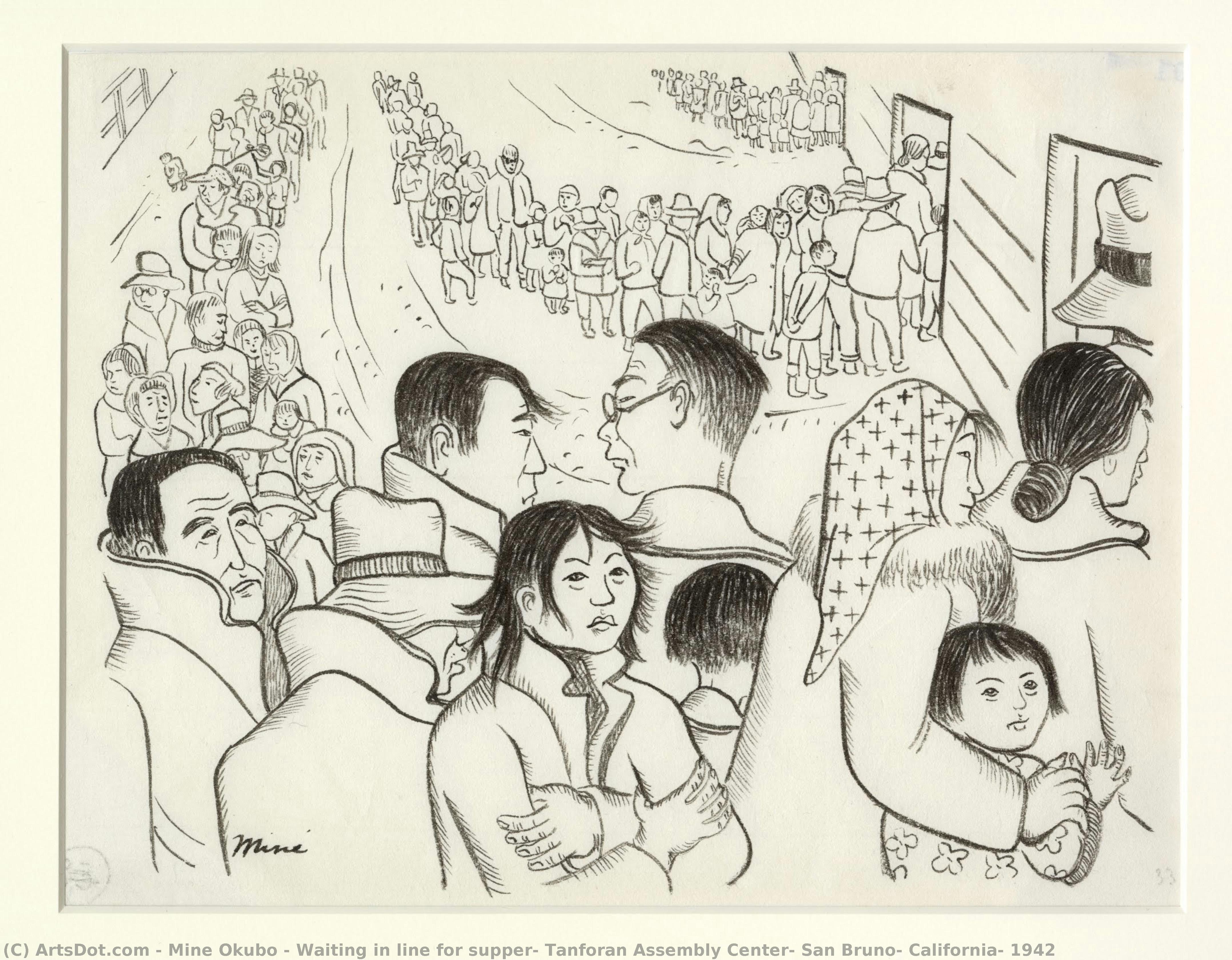 Waiting In Line For Supper, Tanforan Assembly Center, San Bruno, California, 1942 — Miné Okubo