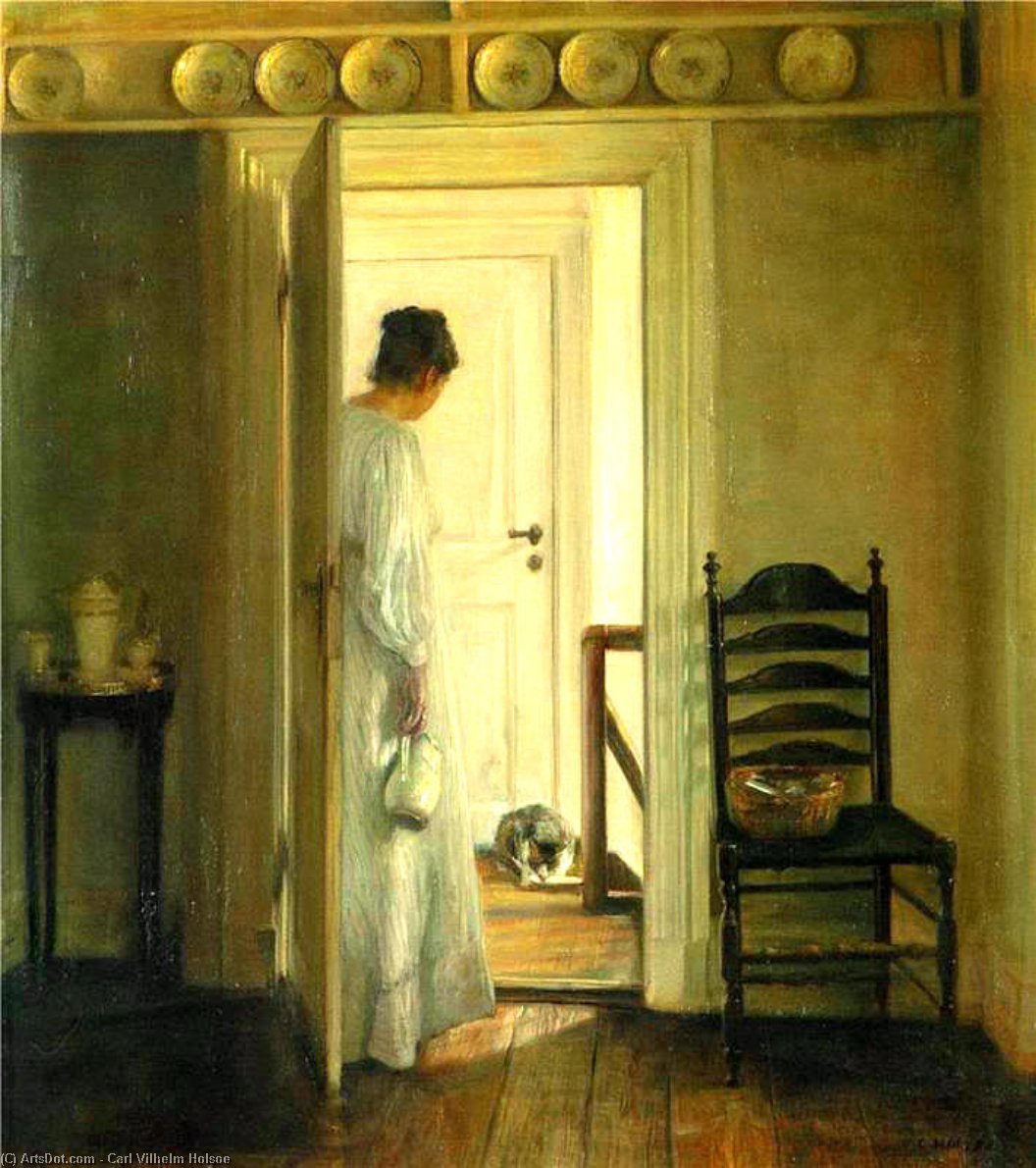 A Lady And A Cat Drinking Milk — Carl Vilhelm Holsoe