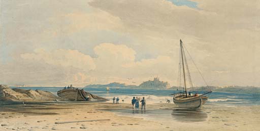 Figures On The Shore With Bamburgh Castle Beyond, Northumberland — John Varley I (the Older)
