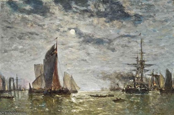 Vessels Moored Under The Moon — Paul Jean Clays