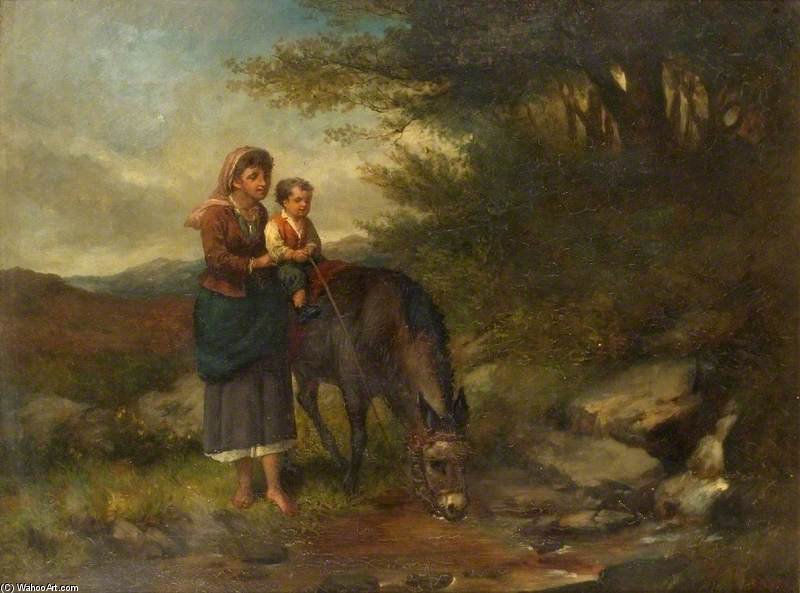 Woman Supporting A Boy On A Donkey By A Stream — Charles Hunt