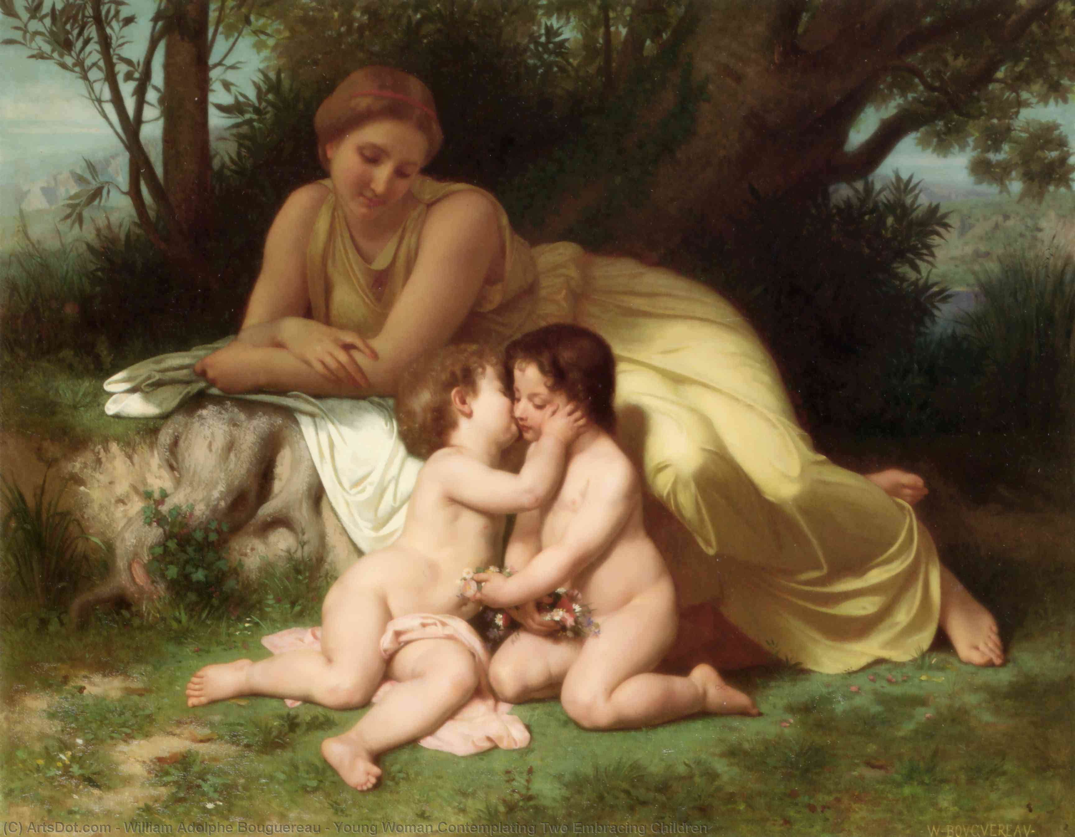Young Woman Contemplating Two Embracing Children — William-adolphe Bouguereau