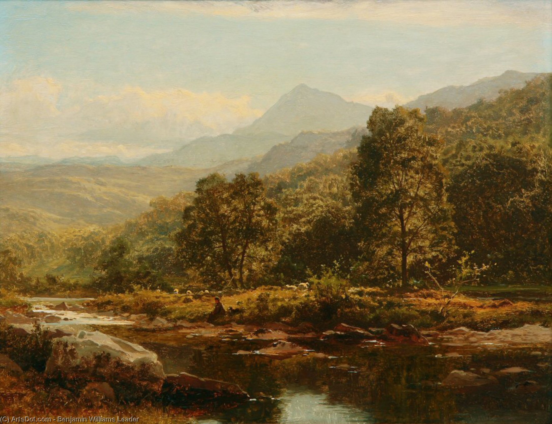 An Island On The Llugwy, Capel Curig, With Angler — R.a Benjamin Williams Leader