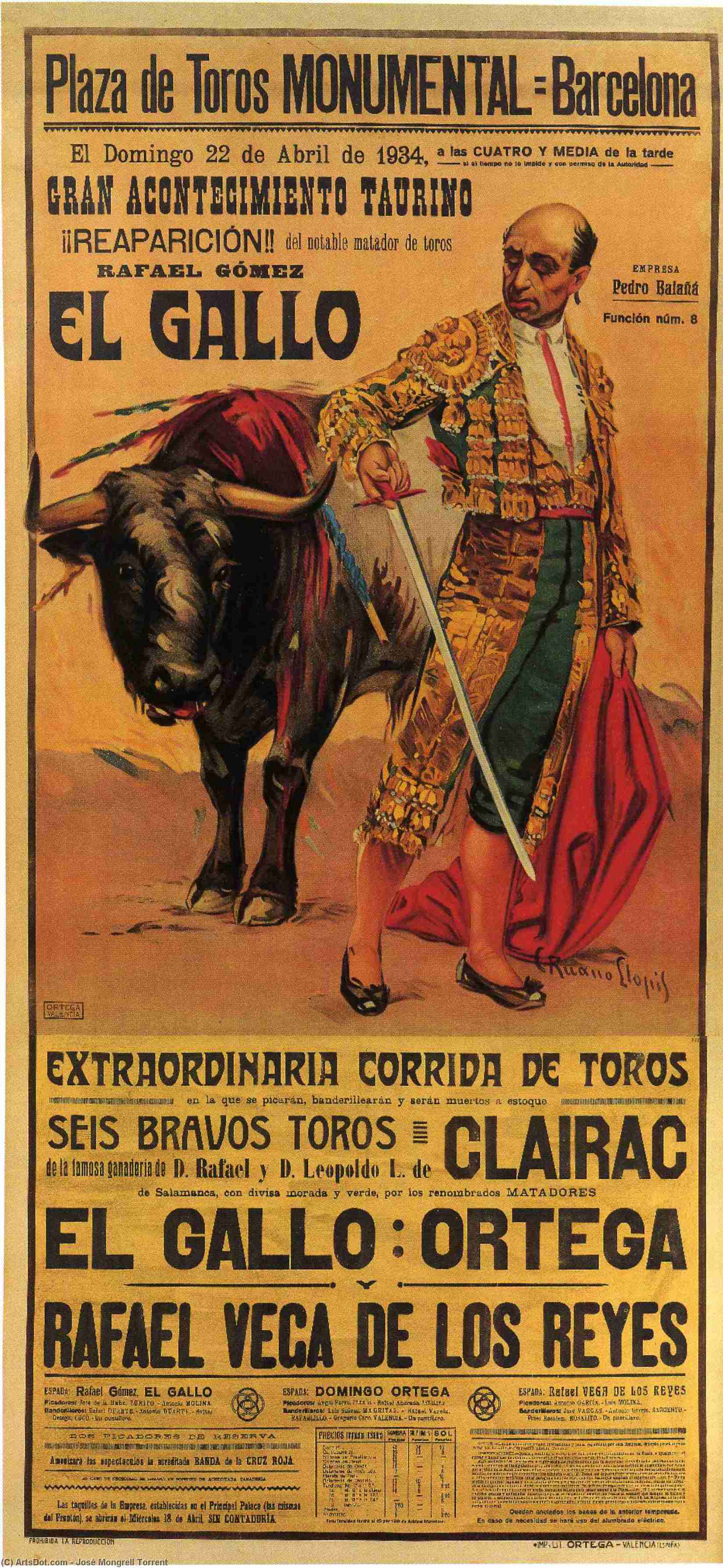 Bullfighting Poster Plaza De Toros De Valencia — José Mongrell Torrent