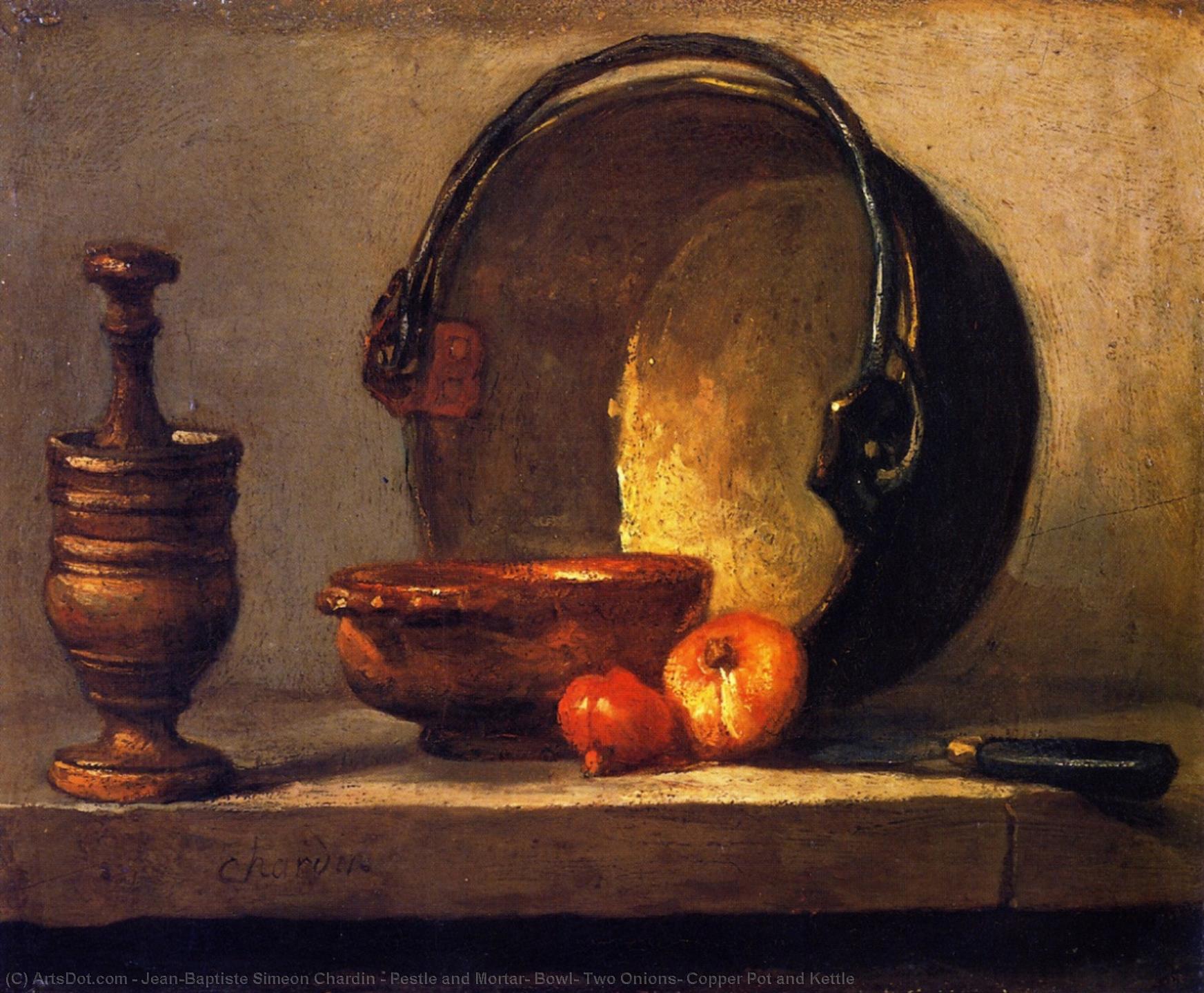 Pestle And Mortar, Bowl, Two Onions, Copper Pot And Kettle — Jean-baptiste-siméon Chardin