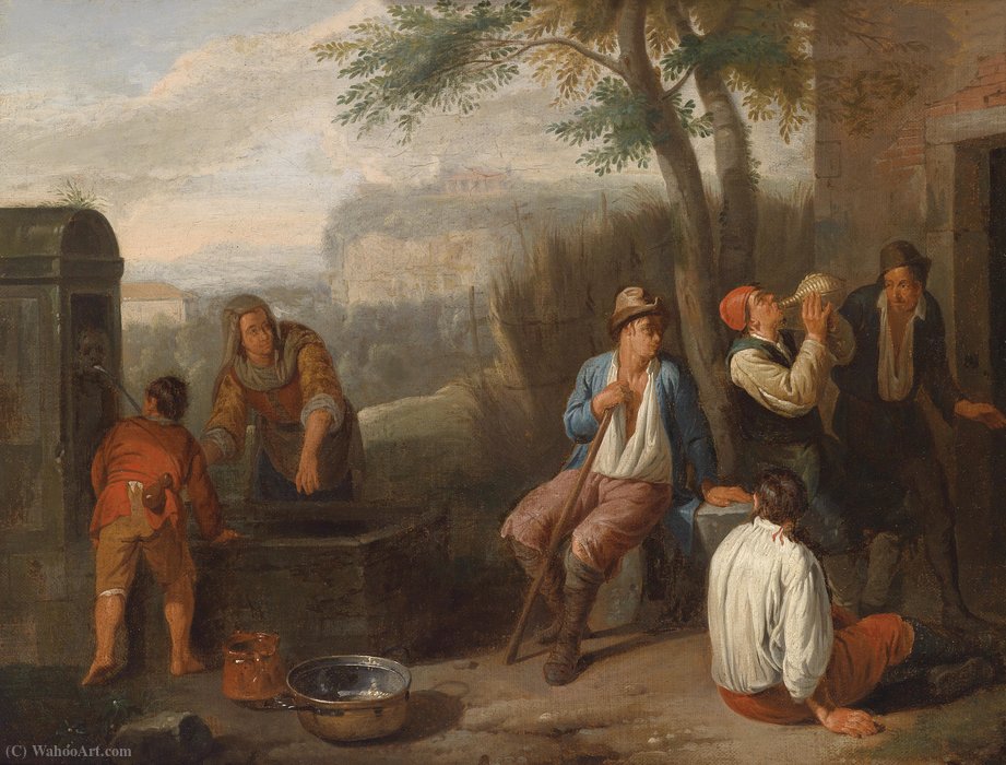 Southern Landscape With Drinking At A Fountain Compatriots — Norbert Van Bloemen