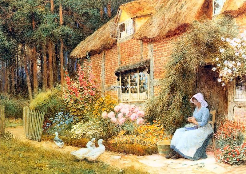 Woman Outside Cottage With Ducks — Arthur Claude Strachan