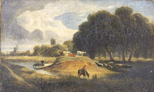 A Figure On Horseback With Cattle Watering By A River, A Windmill And Church Beyond — John Sell Cotman