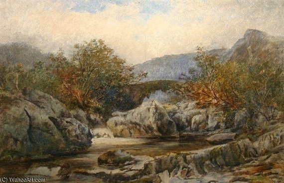 River Scene With Bridge And Rocky Pool — John Syer