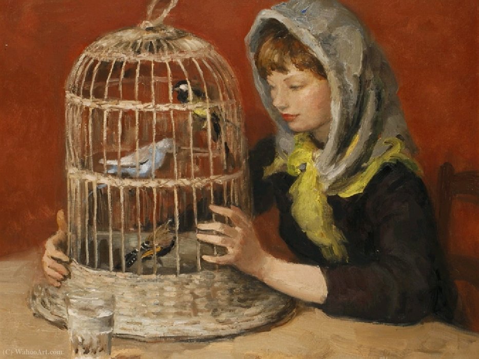 Young Woman And The Cage With Birds — Marcel Dyf